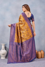 Divine International Trading Co Mustard Blue Soft Silk Blend Banarasi Jacuard Work Designer Party Wear Saree With Unstitched Blouse Piece | Grocsy