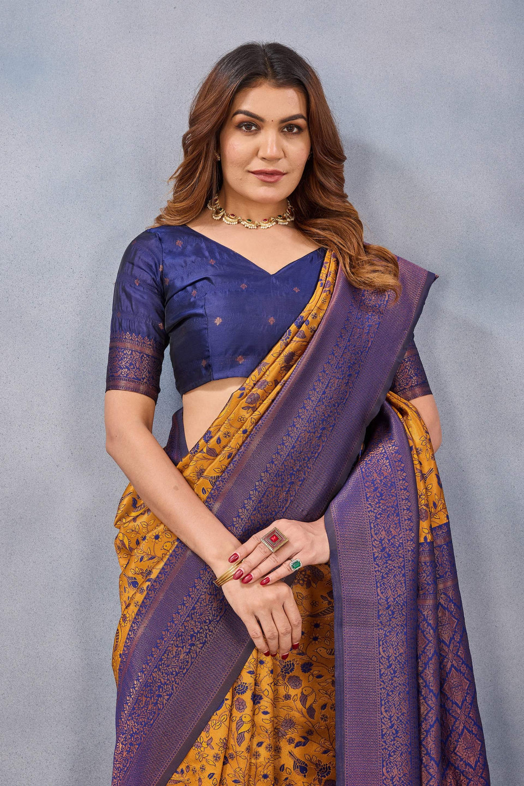 Divine International Trading Co Mustard Blue Soft Silk Blend Banarasi Jacuard Work Designer Party Wear Saree With Unstitched Blouse Piece | Grocsy