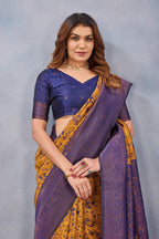 Divine International Trading Co Mustard Blue Soft Silk Blend Banarasi Jacuard Work Designer Party Wear Saree With Unstitched Blouse Piece | Grocsy