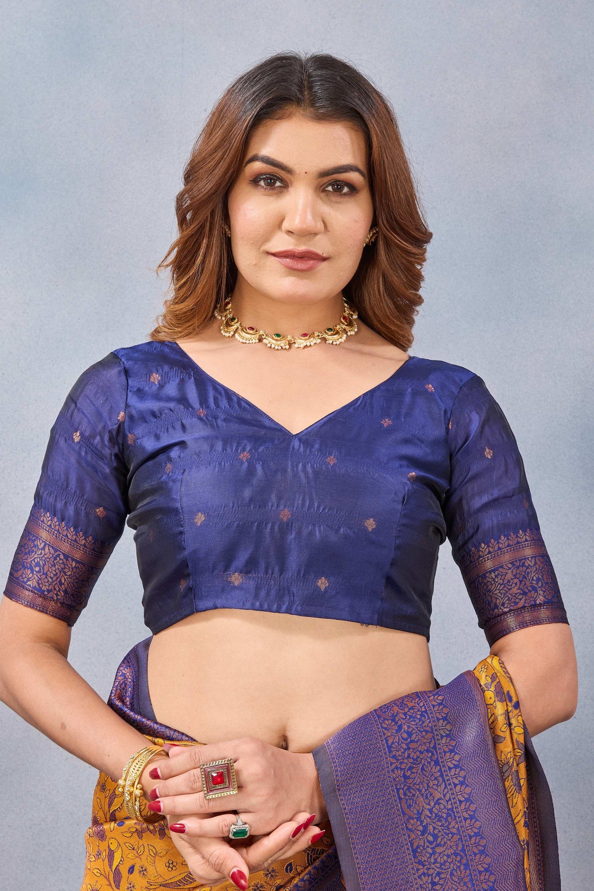 Divine International Trading Co Mustard Blue Soft Silk Blend Banarasi Jacuard Work Designer Party Wear Saree With Unstitched Blouse Piece | Grocsy