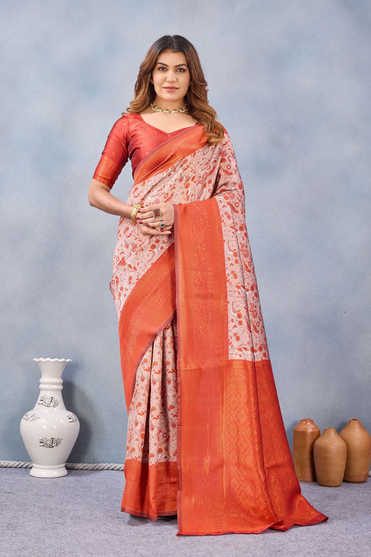 Divine International Trading Co Orange Soft Silk Blend Banarasi Jacuard Work Designer Party Wear Saree With Unstitched Blouse Piece | Grocsy