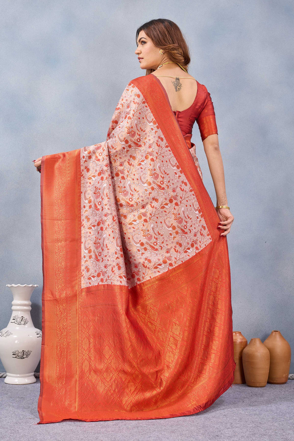 Divine International Trading Co Orange Soft Silk Blend Banarasi Jacuard Work Designer Party Wear Saree With Unstitched Blouse Piece | Grocsy