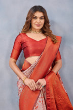 Divine International Trading Co Orange Soft Silk Blend Banarasi Jacuard Work Designer Party Wear Saree With Unstitched Blouse Piece | Grocsy