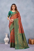 Divine International Trading Co Orange Green Soft Silk Blend Banarasi Jacuard Work Designer Party Wear Saree With Unstitched Blouse Piece | Grocsy