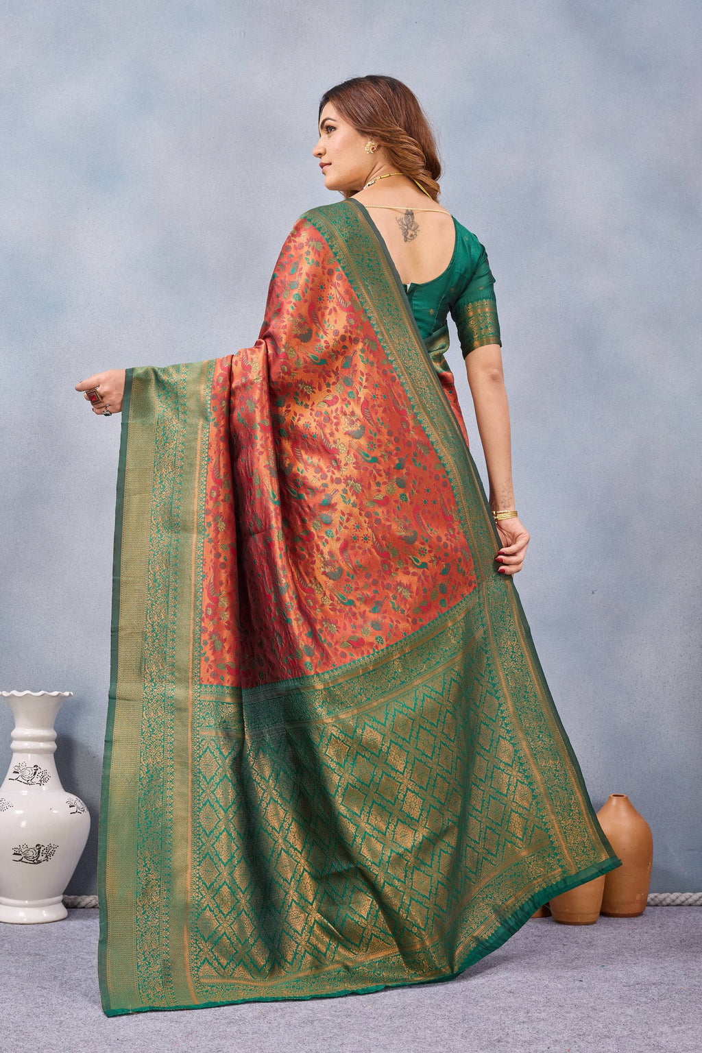 Divine International Trading Co Orange Green Soft Silk Blend Banarasi Jacuard Work Designer Party Wear Saree With Unstitched Blouse Piece | Grocsy