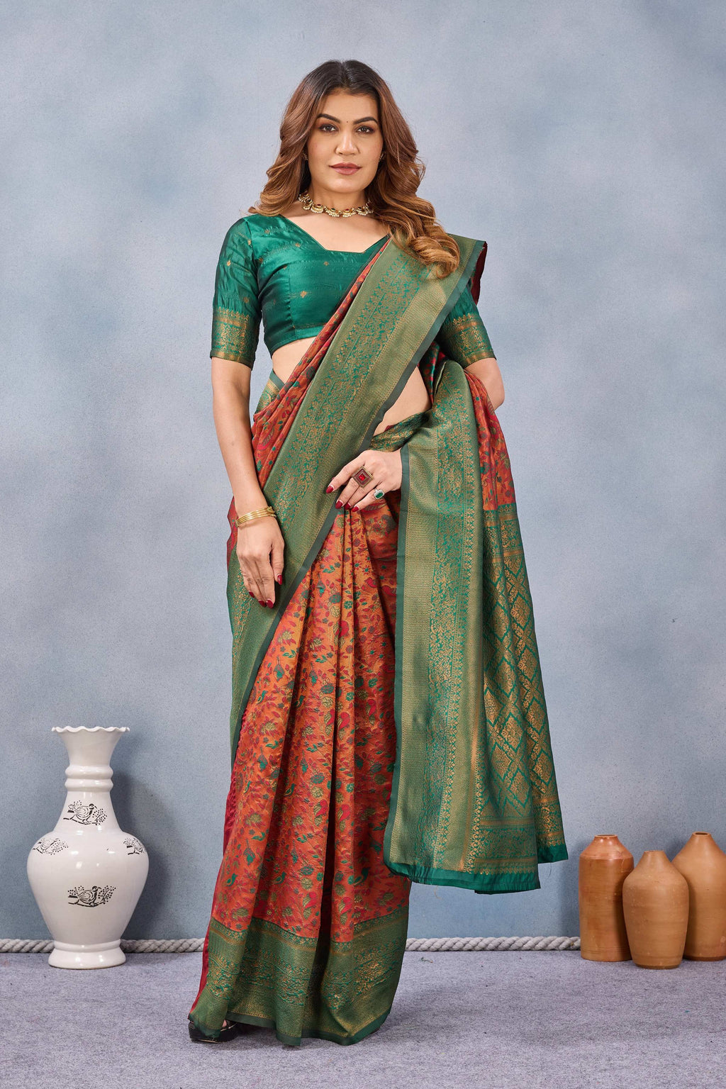 Divine International Trading Co Orange Green Soft Silk Blend Banarasi Jacuard Work Designer Party Wear Saree With Unstitched Blouse Piece | Grocsy