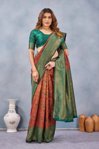 Divine International Trading Co Orange Green Soft Silk Blend Banarasi Jacuard Work Designer Party Wear Saree With Unstitched Blouse Piece | Grocsy