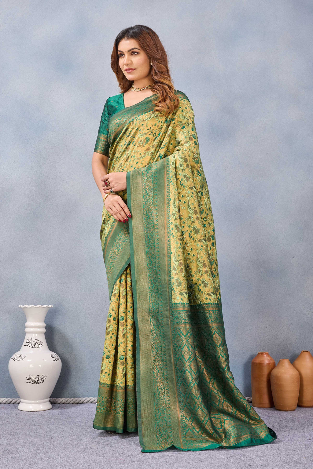 Divine International Trading Co Parrot Green Soft Silk Blend Banarasi Jacuard Work Designer Party Wear Saree With Unstitched Blouse Piece | Grocsy
