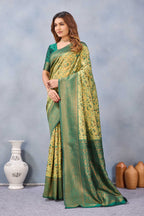 Divine International Trading Co Parrot Green Soft Silk Blend Banarasi Jacuard Work Designer Party Wear Saree With Unstitched Blouse Piece | Grocsy