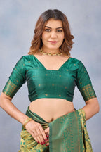 Divine International Trading Co Parrot Green Soft Silk Blend Banarasi Jacuard Work Designer Party Wear Saree With Unstitched Blouse Piece | Grocsy