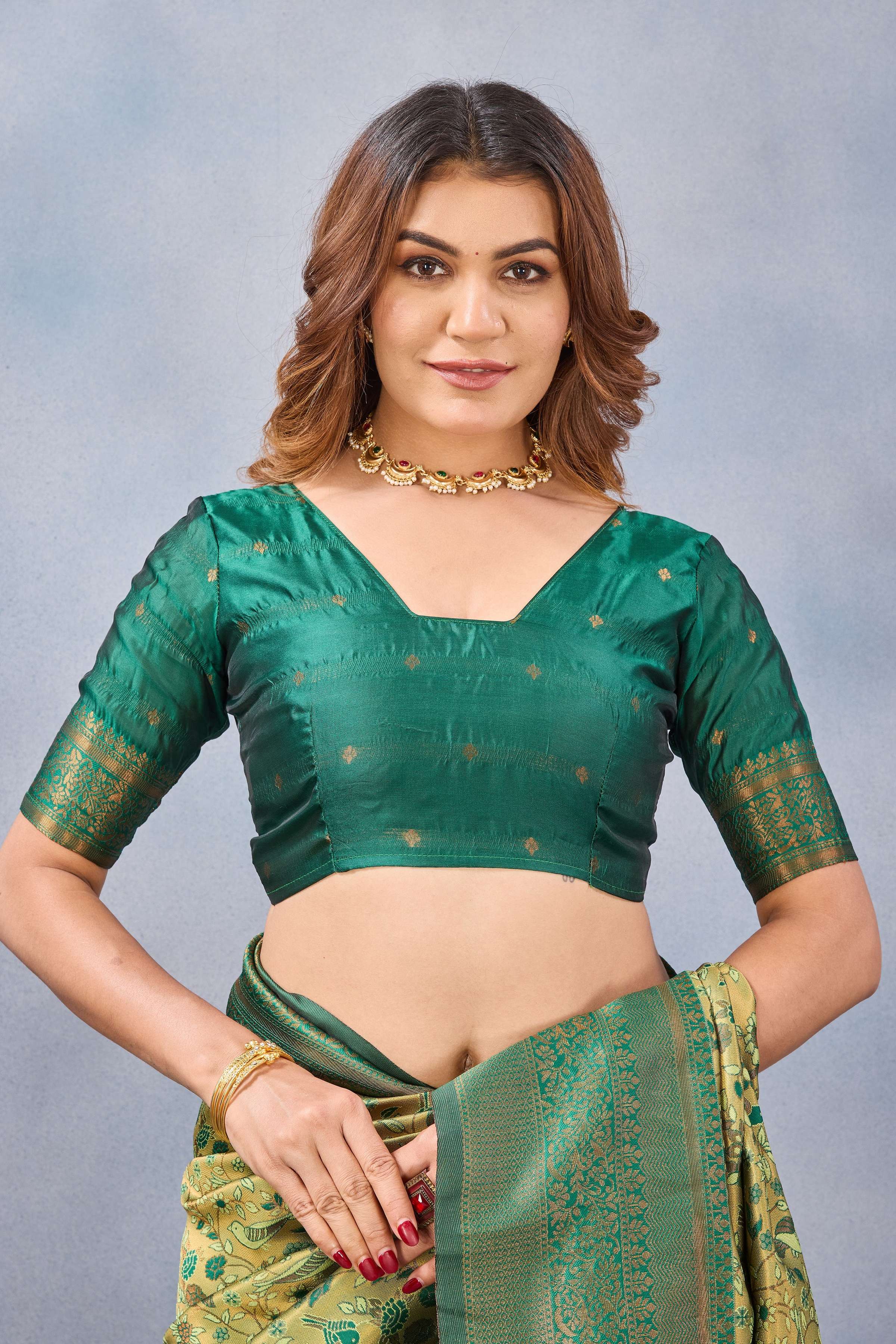 Divine International Trading Co Parrot Green Soft Silk Blend Banarasi Jacuard Work Designer Party Wear Saree With Unstitched Blouse Piece | Grocsy