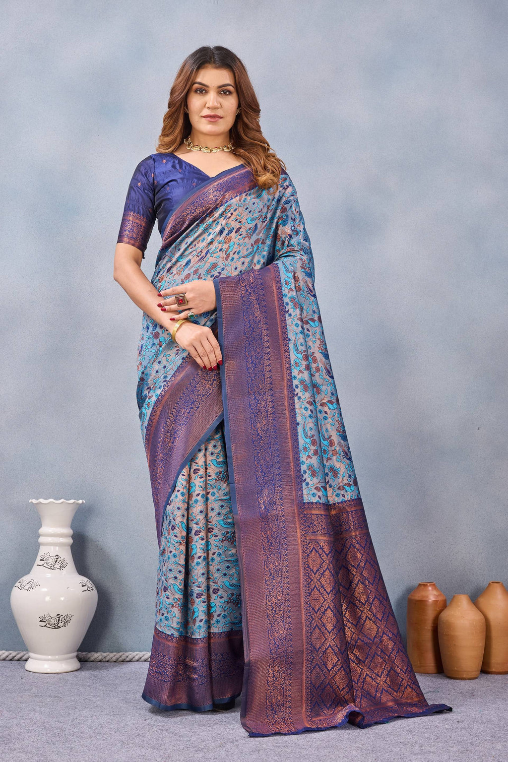 Divine International Trading Co Turquoise Soft Silk Blend Banarasi Jacuard Work Designer Party Wear Saree With Unstitched Blouse Piece | Grocsy
