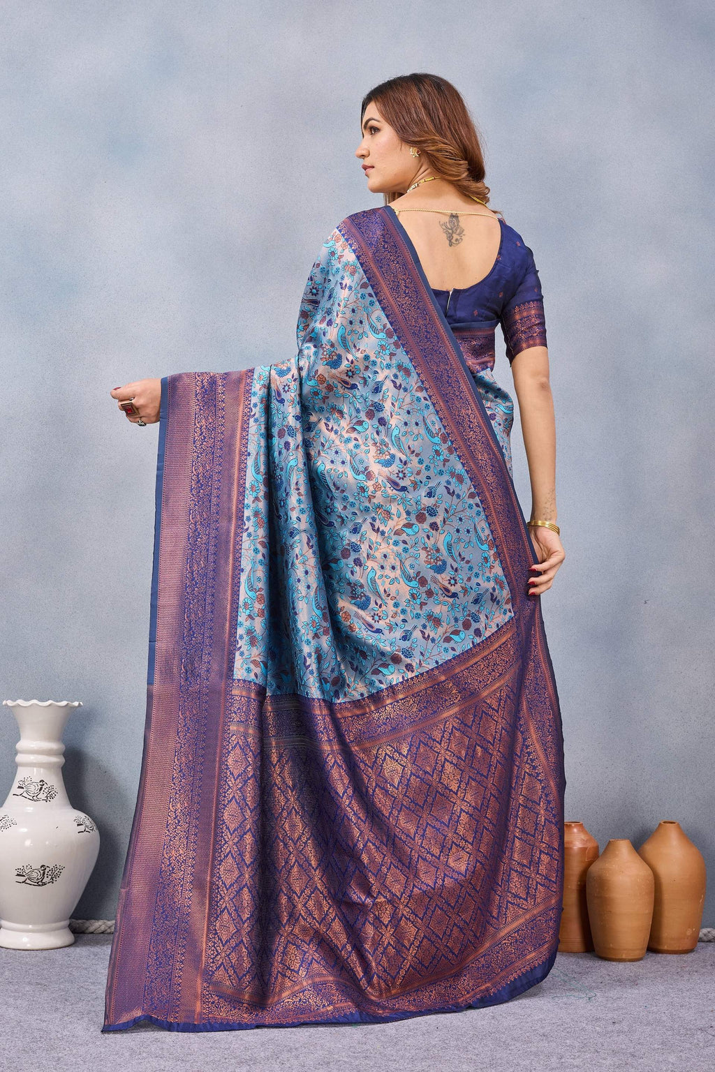 Divine International Trading Co Turquoise Soft Silk Blend Banarasi Jacuard Work Designer Party Wear Saree With Unstitched Blouse Piece | Grocsy