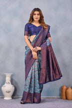 Divine International Trading Co Turquoise Soft Silk Blend Banarasi Jacuard Work Designer Party Wear Saree With Unstitched Blouse Piece | Grocsy