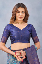 Divine International Trading Co Turquoise Soft Silk Blend Banarasi Jacuard Work Designer Party Wear Saree With Unstitched Blouse Piece | Grocsy