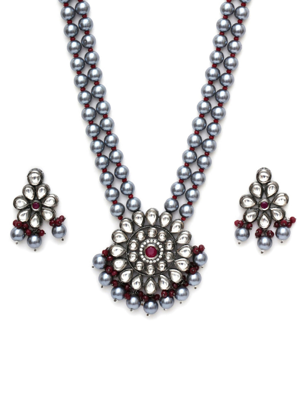 Long Kundan Neckpiece with Earrings with Multi Stones Jewellery Set (Grey) - Ruby Raang | Grocsy