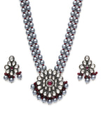 Long Kundan Neckpiece with Earrings with Multi Stones Jewellery Set (Grey) - Ruby Raang | Grocsy