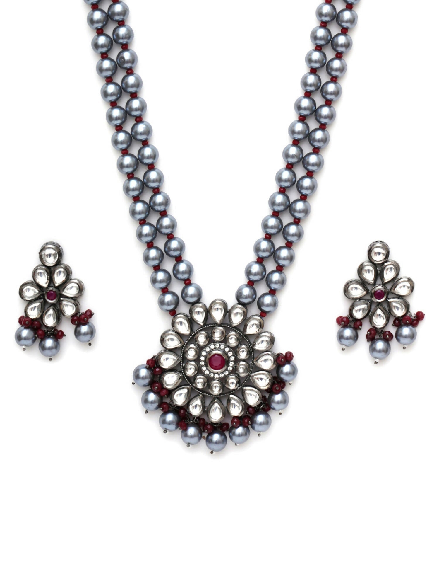 Long Kundan Neckpiece with Earrings with Multi Stones Jewellery Set (Grey) - Ruby Raang | Grocsy