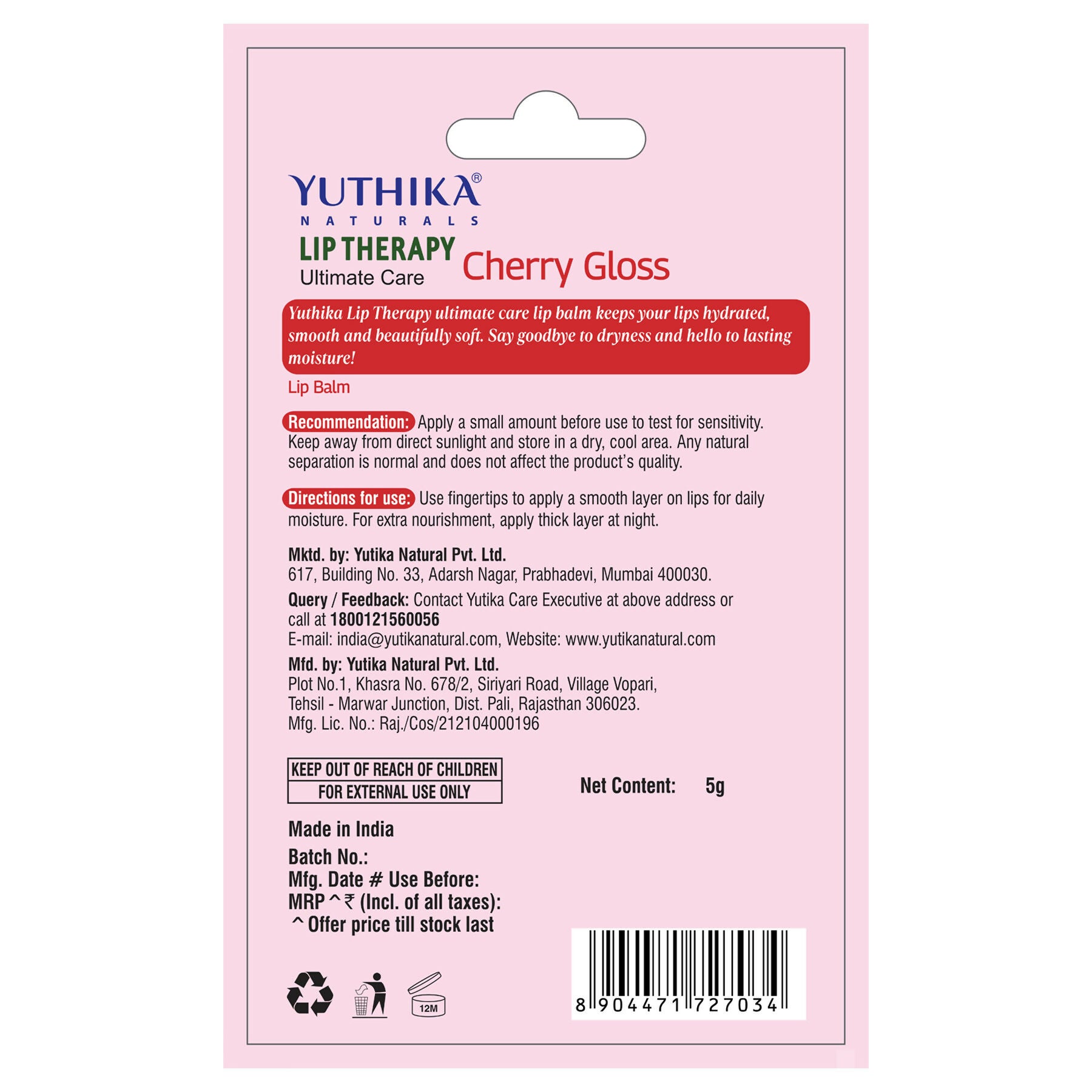 Yuthika Moisturizing Lip Balm – Cherry Gloss | Grocsy