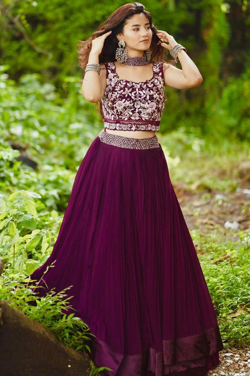 Jyoti Fashion Wine Crush Georgette Designer Lehenga Choli with Dupatta | Grocsy