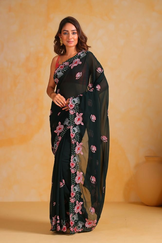 Vamsee Annie Dark Green Georgette Silk Saree | Grocsy