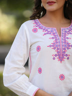 Juniper Women's Off-White Cambric Solid Embroidered Tunic | Grocsy