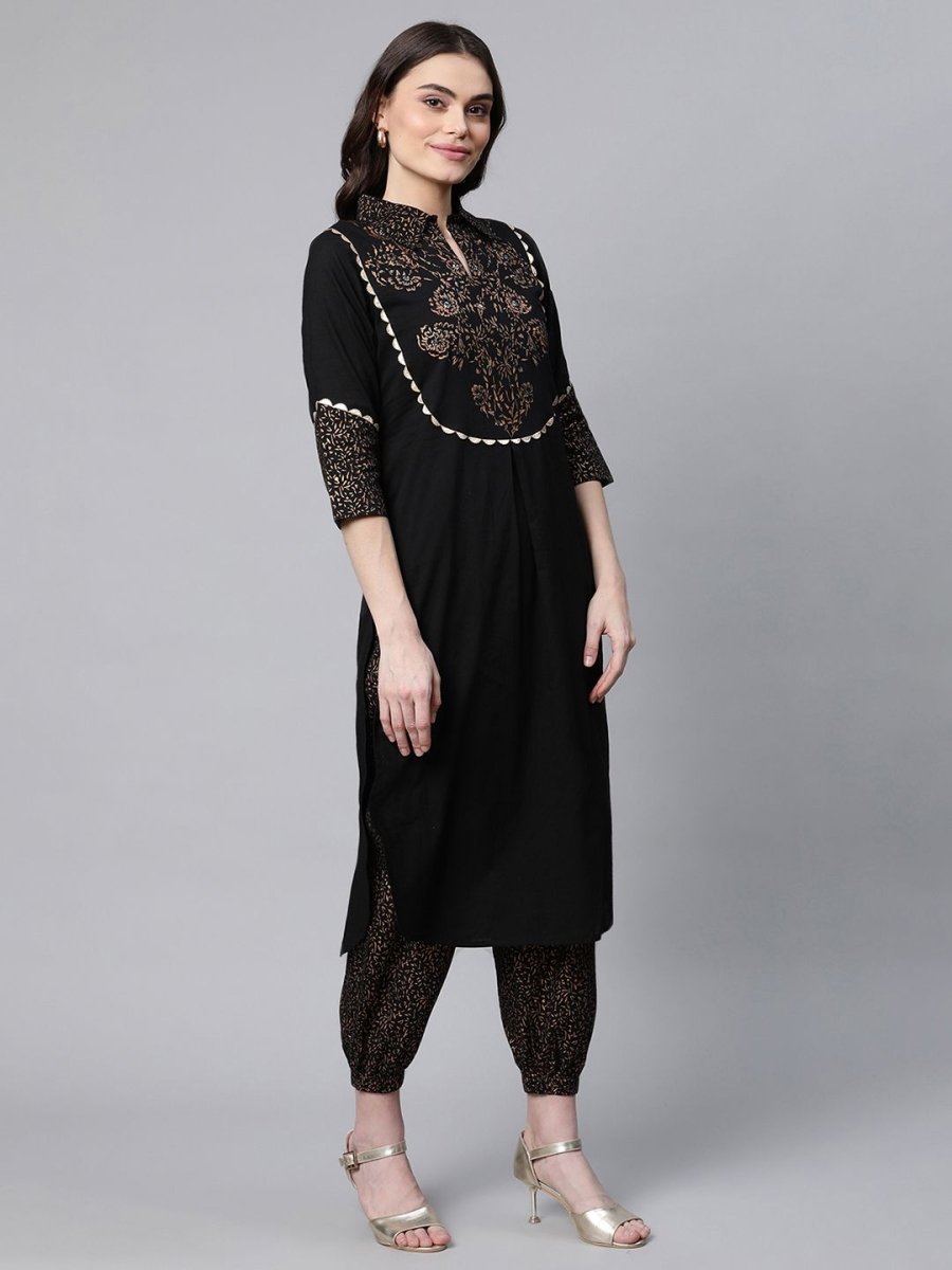 Ahalyaa Women Black Colour Pure Cotton Printed Kurta Pant Set | Grocsy