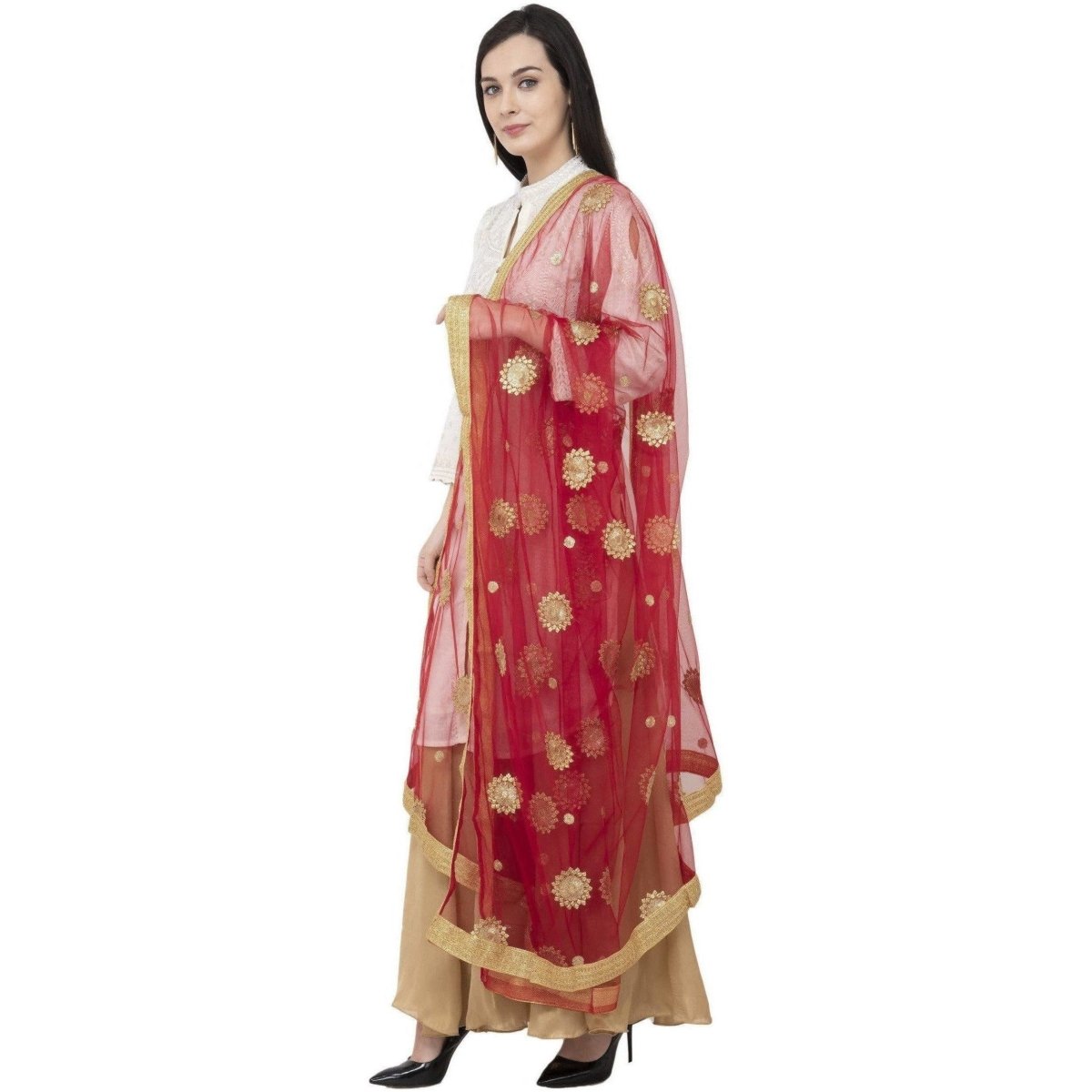 A R Silk Net Zari Flower Fancy Dupatta Mehroon Color Dupatta or Chunni | Grocsy