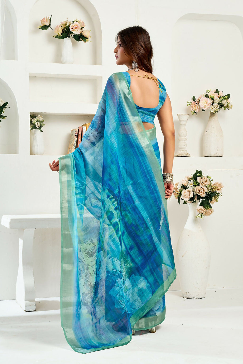 Vastranavya Aqua Blue Digital Printed Linen Ready To Wear Designer Saree with Unstitched Blouse | Grocsy