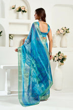 Vastranavya Aqua Blue Digital Printed Linen Ready To Wear Designer Saree with Unstitched Blouse | Grocsy