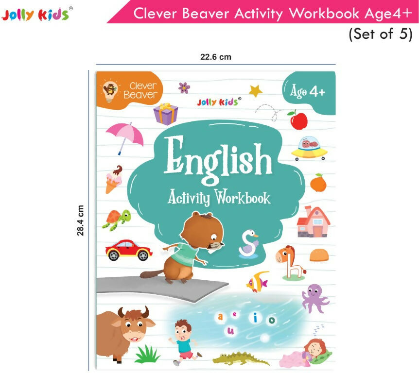 Jolly Kids Clever Beaver Ages 4-5 Years Fun Learning Activities Workbooks Set of 5 | English-Maths-EVS-Good Habit-Logical Reasoning | Grocsy