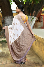Joban Fashion Ivory Crepe Chiffon Pure Handloom Banarasi Silk Saree | Grocsy