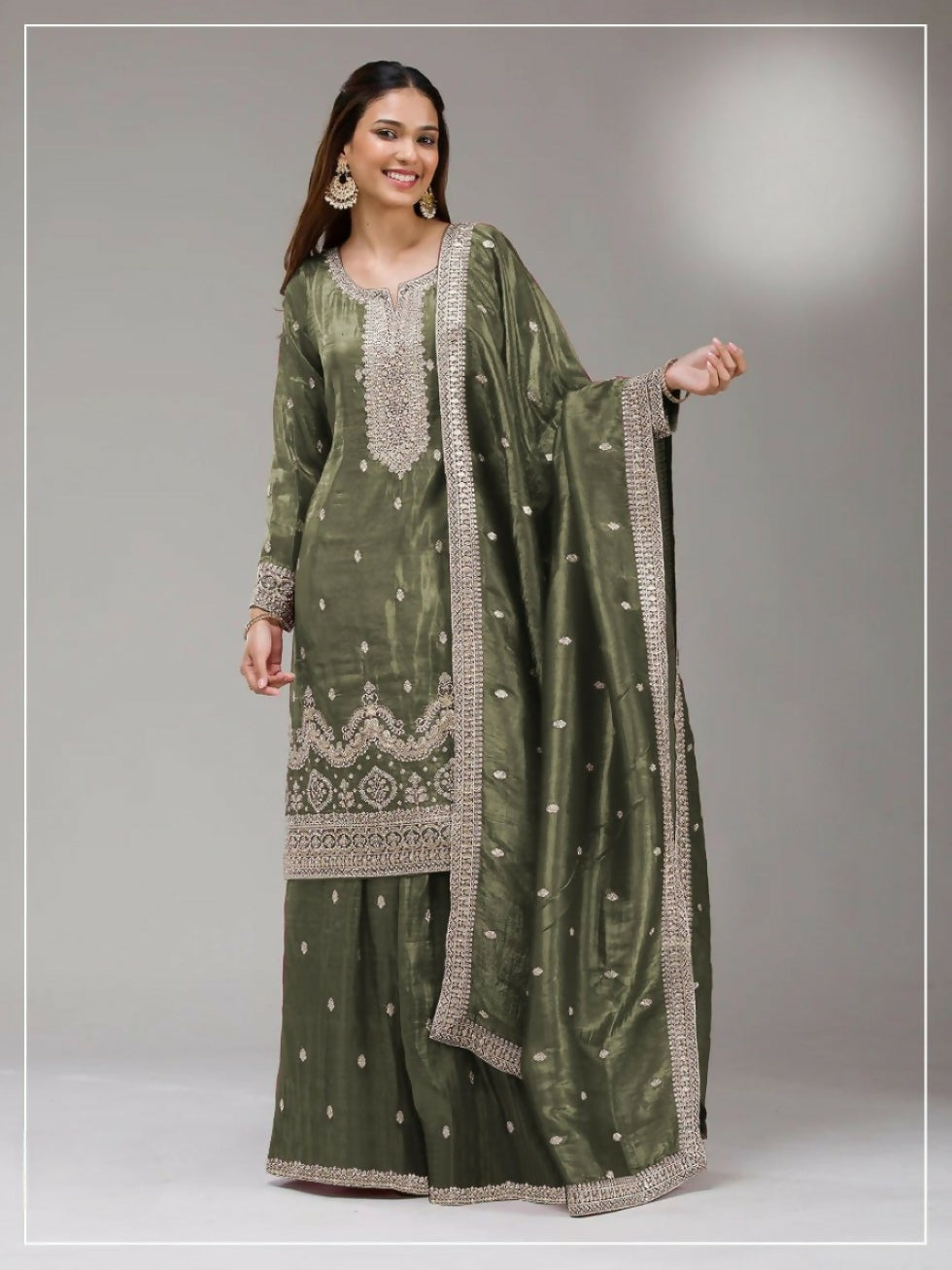 Anaita Green Gold Crush Stitched Suit with Embroidery & Sequins Work | Grocsy