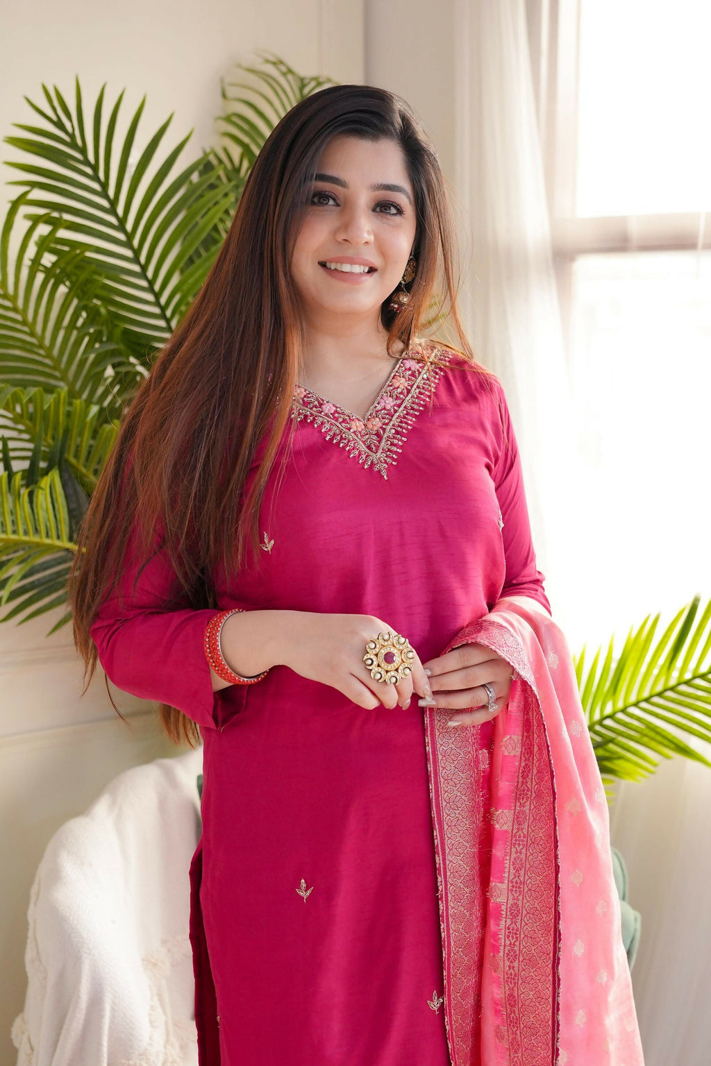 The52 Pink Women's Gorgeous Embroidered Vichitra Fabric Straight Kurta Pant with Dupatta Set | Grocsy