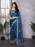 Vastranavya Blue Embroidery Work Shimmer Chiffon Saree with Unstitched Blouse | Grocsy