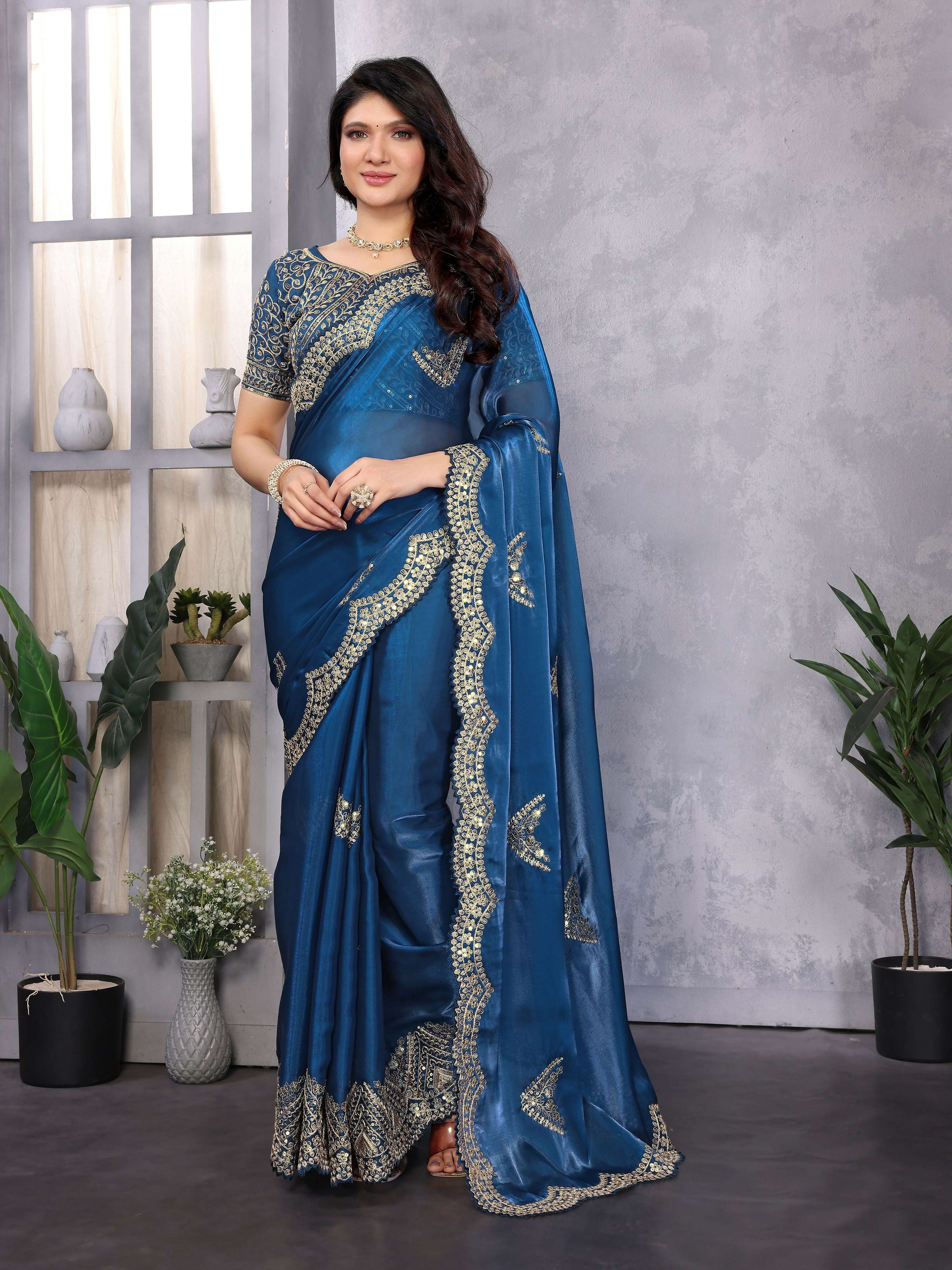 Vastranavya Blue Embroidery Work Shimmer Chiffon Saree with Unstitched Blouse | Grocsy