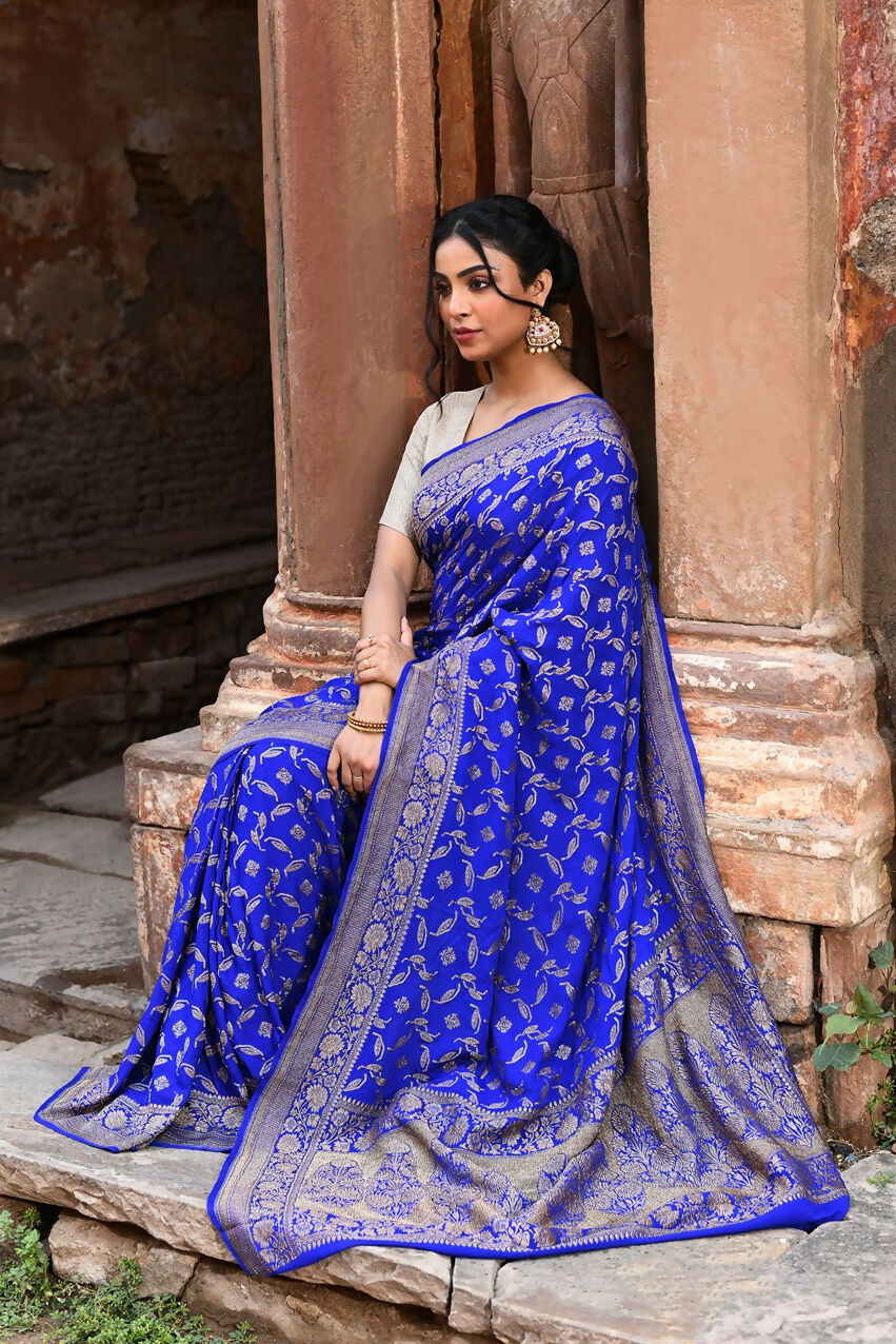 Joban Fashion Violet Crepe Chiffon Pure Handloom Banarasi Silk Saree | Grocsy