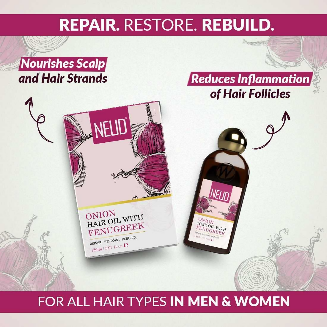 Neud Premium Onion Hair Oil with Fenugreek | Grocsy