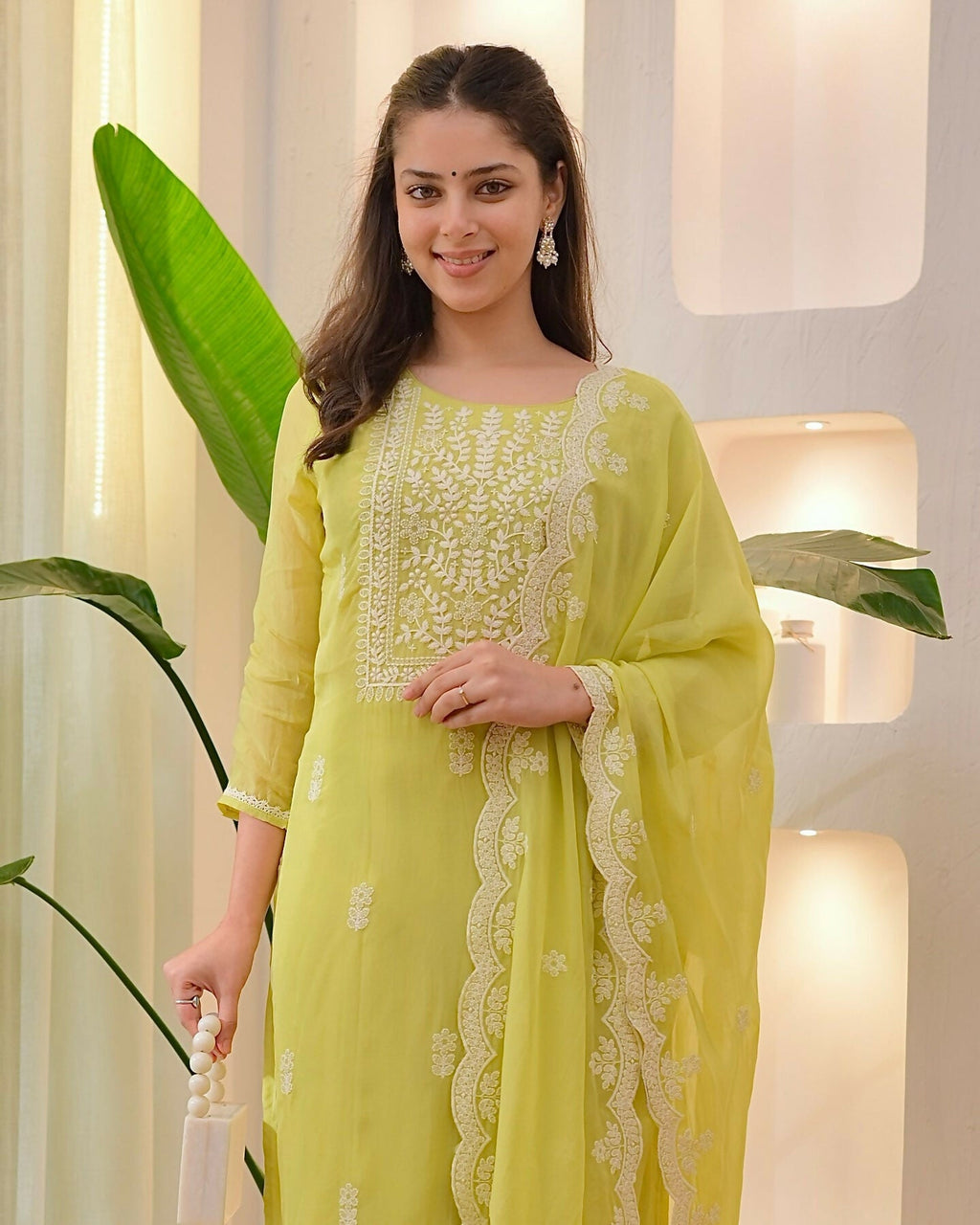 The52 Lemons Women's Beautiful Chikankari Work Chanderi Fabric Straight Kurta Pant and Dupatta Set | Grocsy