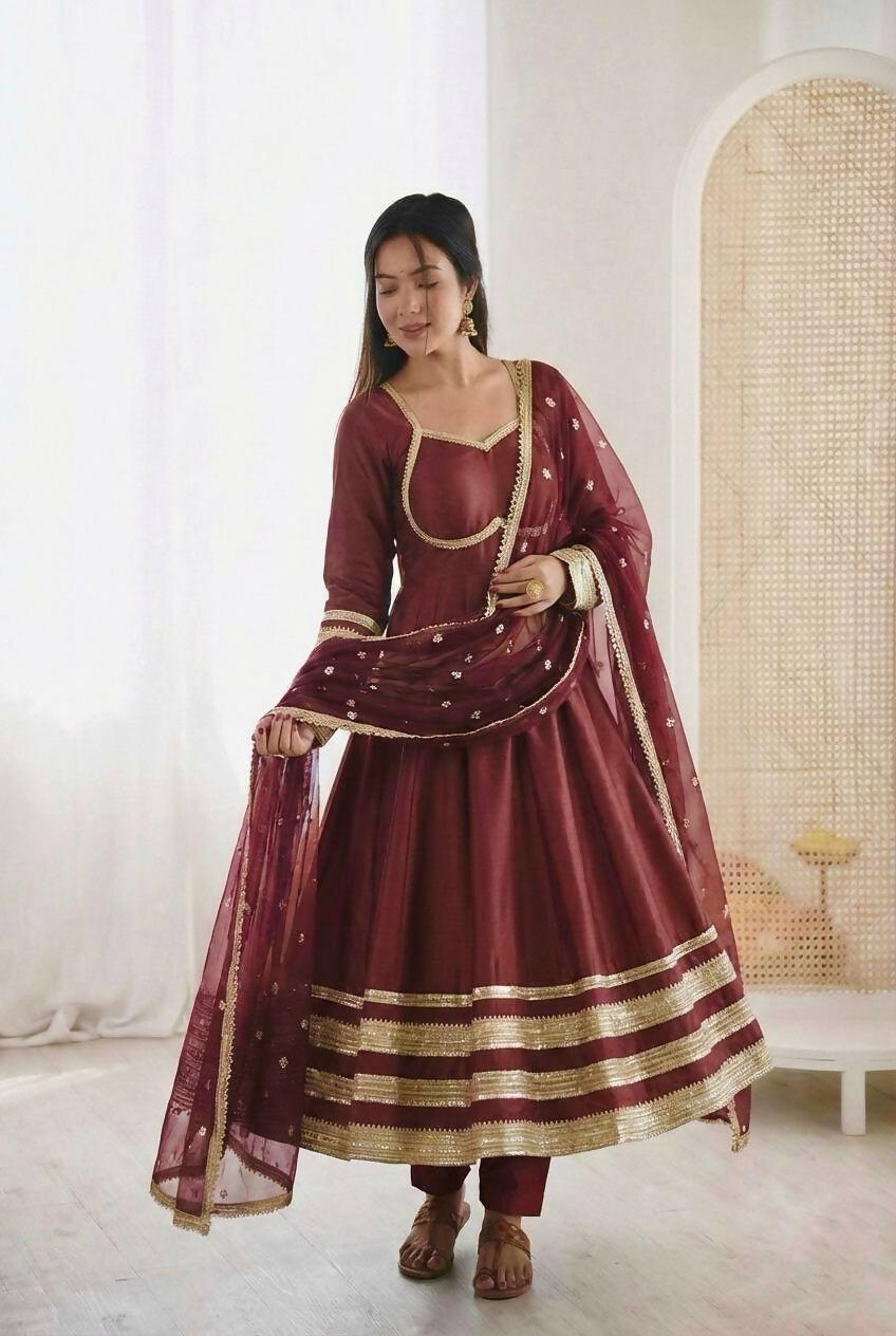 Teeya Creation Maroon Cosmos Gold Lace Work Party Wear Gown | Grocsy
