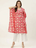 FIORRA Women's Printed Pure Cotton Kaftan Kurta - Red | Grocsy
