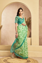 Vastranavya Mint Green Digital Printed Linen Ready To Wear Designer Saree with Unstitched Blouse | Grocsy