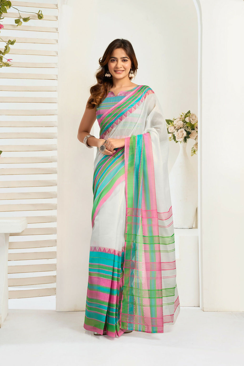 Vastranavya Multicolor Digital Printed Linen Ready To Wear Designer Saree with Unstitched Blouse | Grocsy