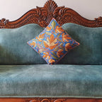 The Decor Nook Hand Embroidered Crewel Cushion Covers in Mustard & Off White Chinar Leaf Motif with Navy Blue Base | Grocsy