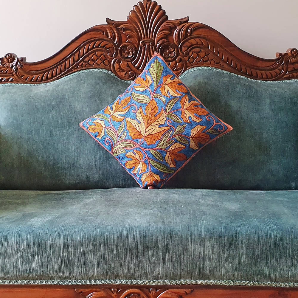 The Decor Nook Hand Embroidered Crewel Cushion Covers in Mustard & Off White Chinar Leaf Motif with Navy Blue Base | Grocsy