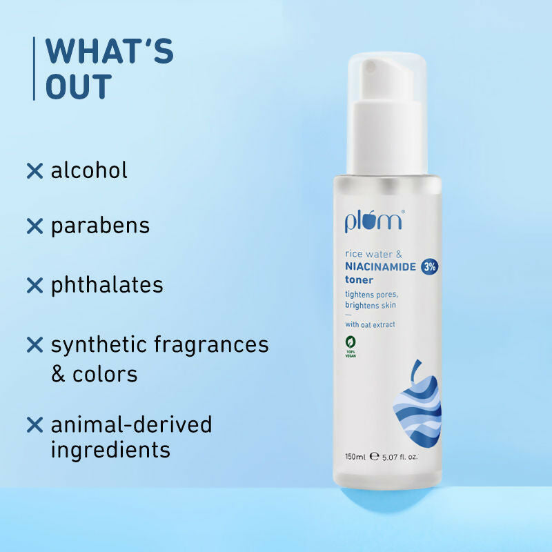 Plum 3% Niacinamide Alcohol-Free Toner With Rice Water and 10% Niacinamide Brightening Face Serum Combo | Grocsy