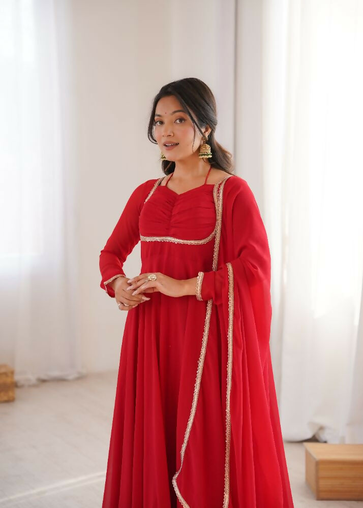 The52 Women's Gorgeous Solid Fox Blooming Georgette Fabric Flared Anarkali and Dupatta Set | Grocsy