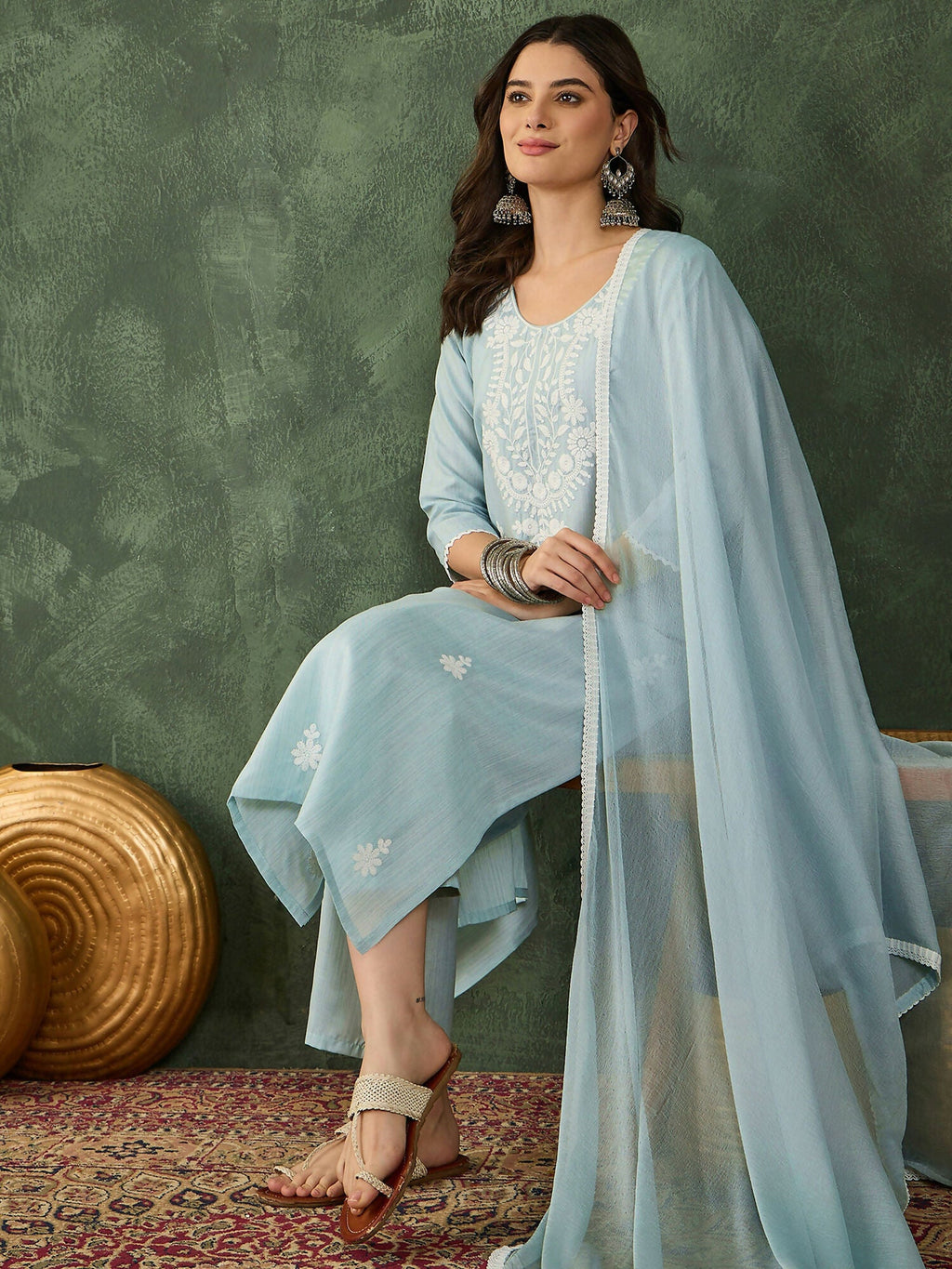 The52 Women's Beautiful Thread Work Cotton Blend Fabric Straight Kurta Pant and Dupatta Set-Sky | Grocsy