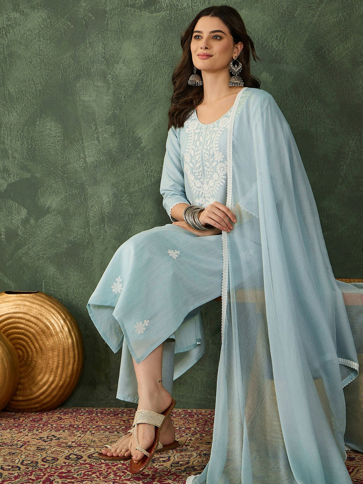 The52 Women's Beautiful Thread Work Cotton Blend Fabric Straight Kurta Pant and Dupatta Set-Sky | Grocsy