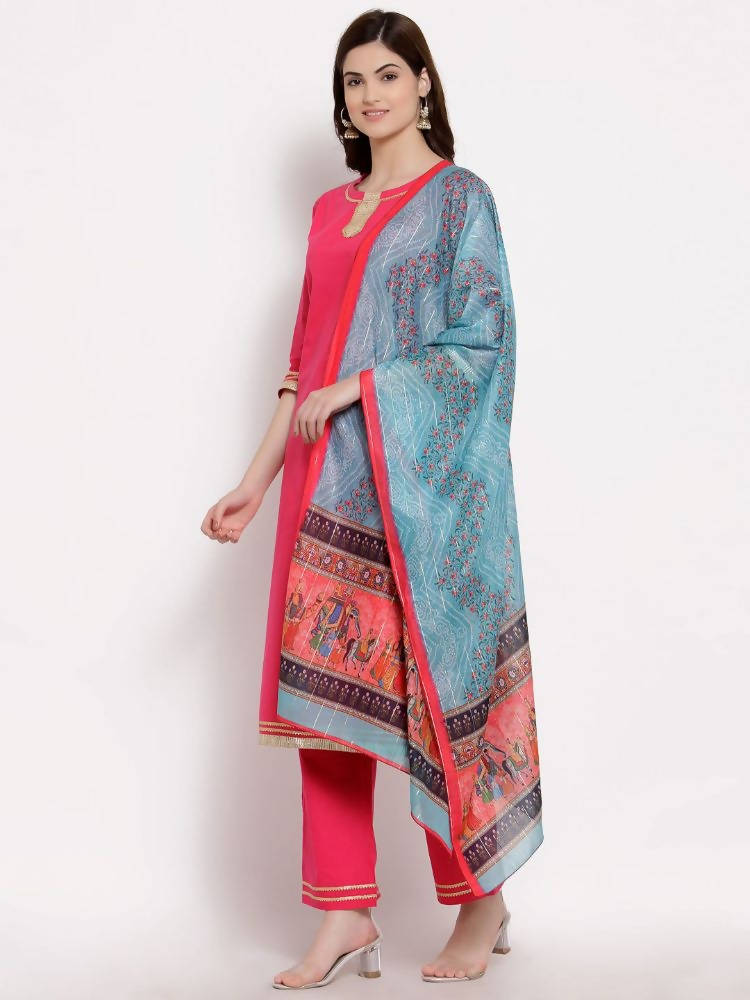 Myshka Women's Pink Cotton 3/4 Sleeve Round Neck Solid Casual Kurta Pant Dupatta Set | Grocsy